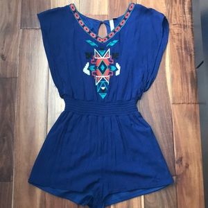Royal blue romper with colorful embroidery